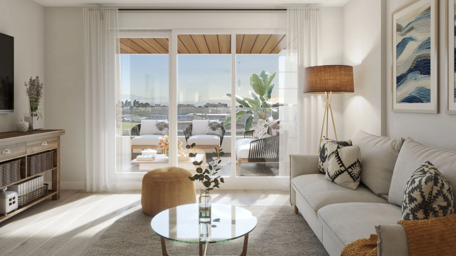 A bright, sunlit living room that opens onto a spacious terrace, perfect for enjoying the Costa del Sol climate.