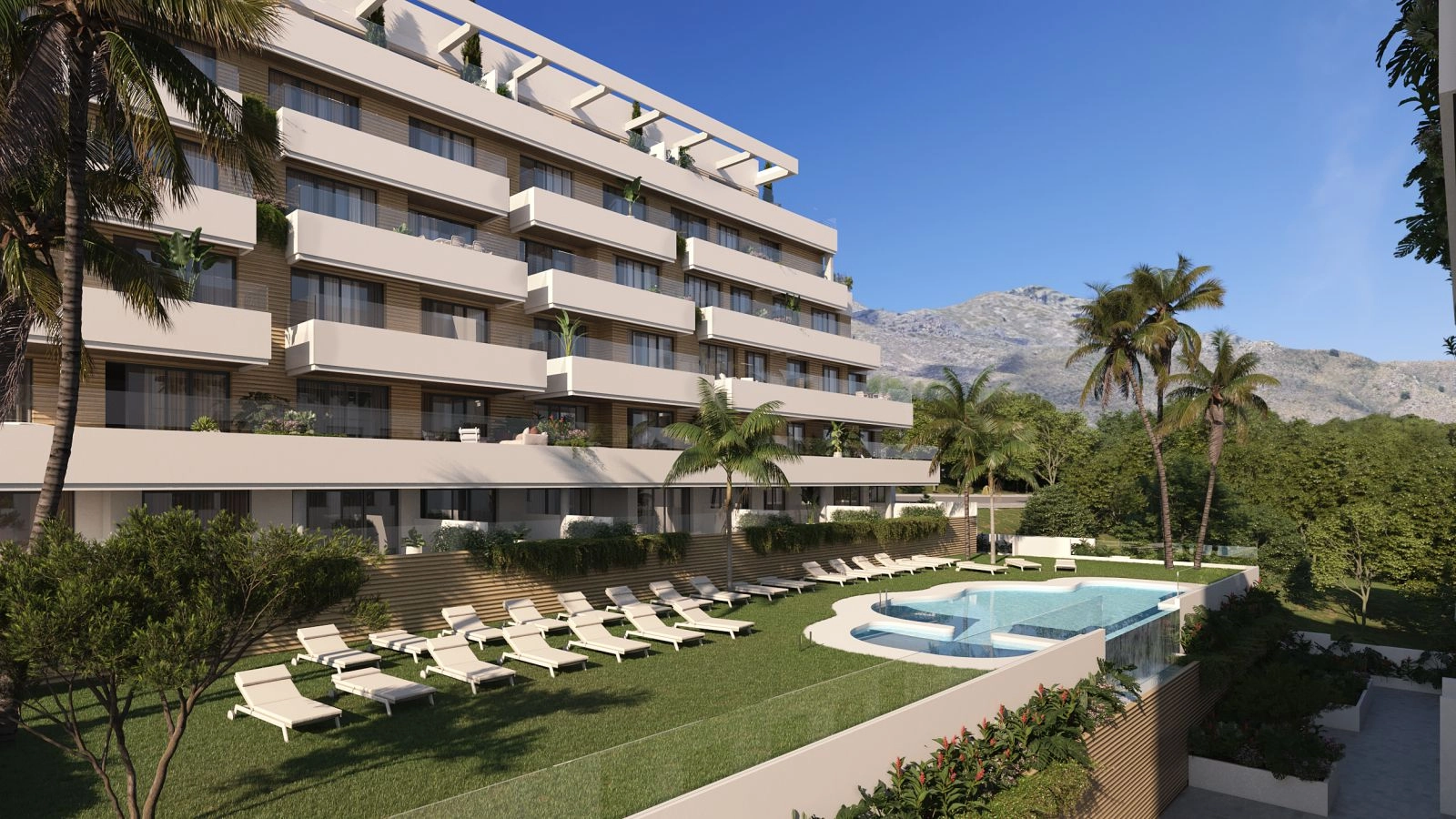 The inviting communal pool and garden area, an ideal space for relaxation and enjoying sunny afternoons.