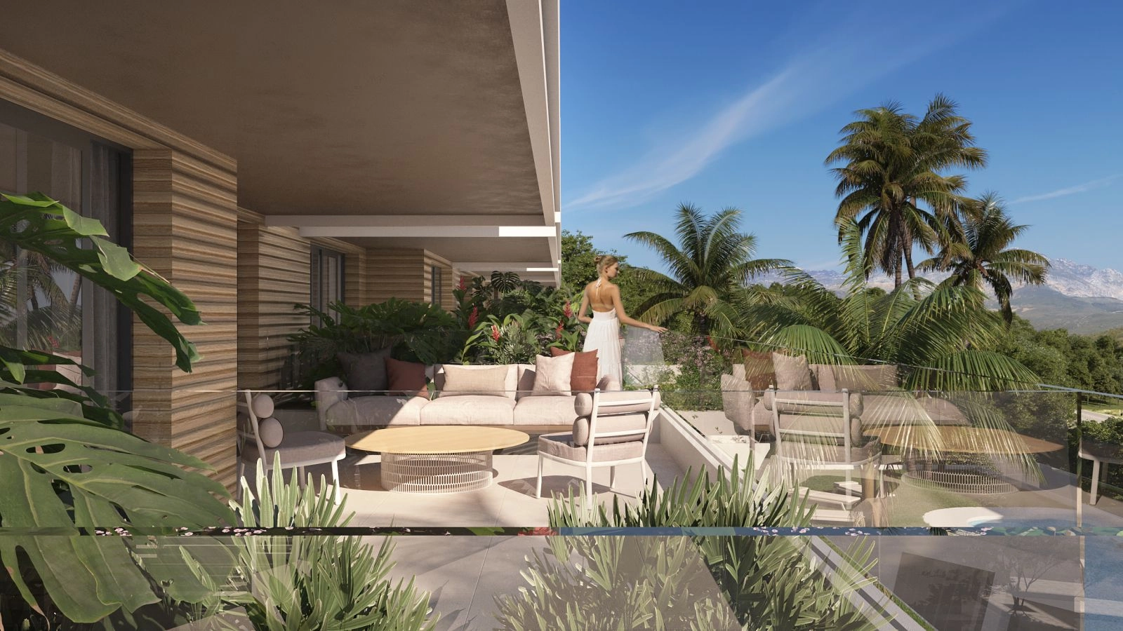 A view of a large, private terrace designed for outdoor living and dining, set against lush green surroundings.