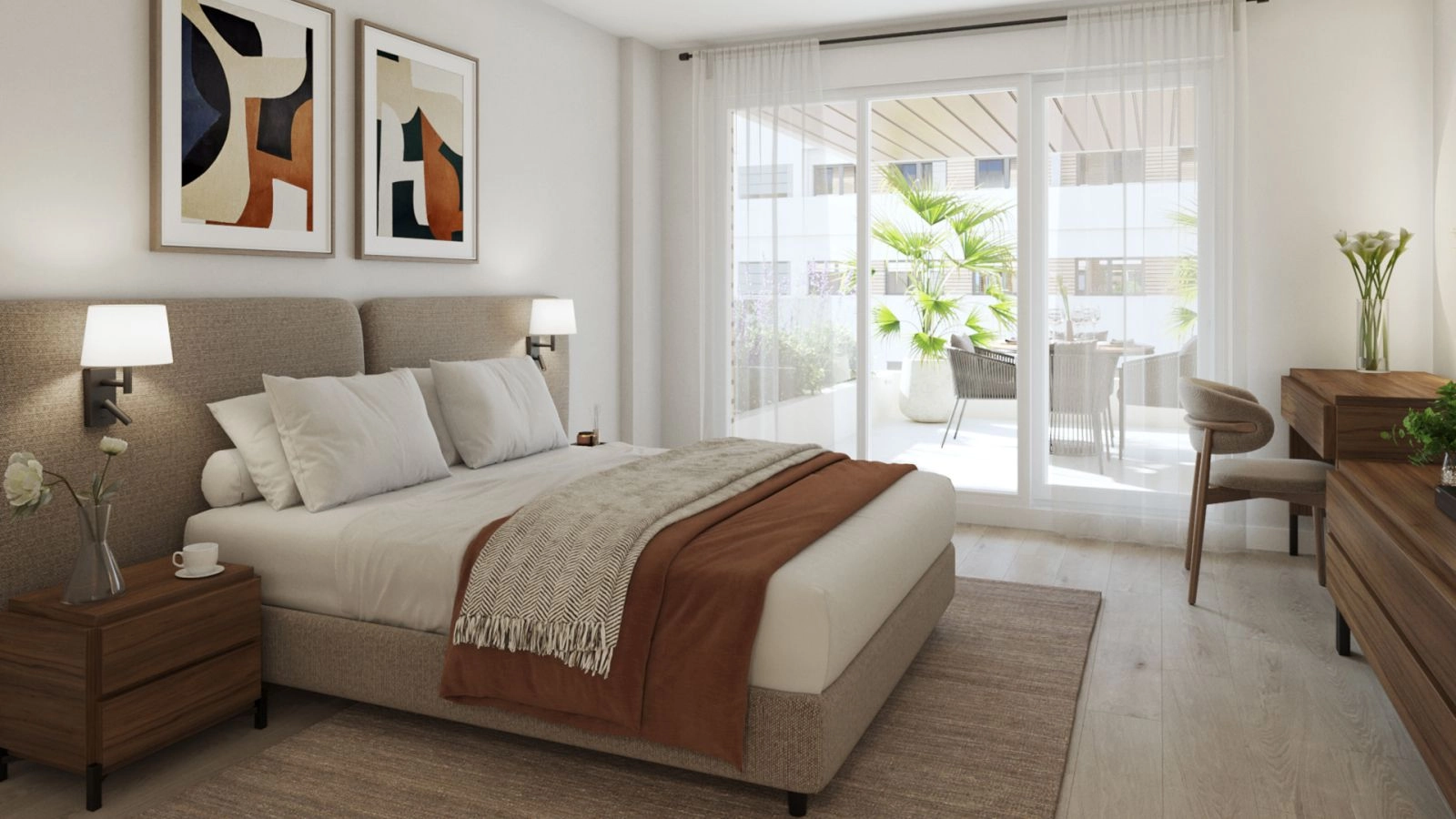 A serene master bedroom with direct access to a private terrace, blending indoor comfort with outdoor beauty.