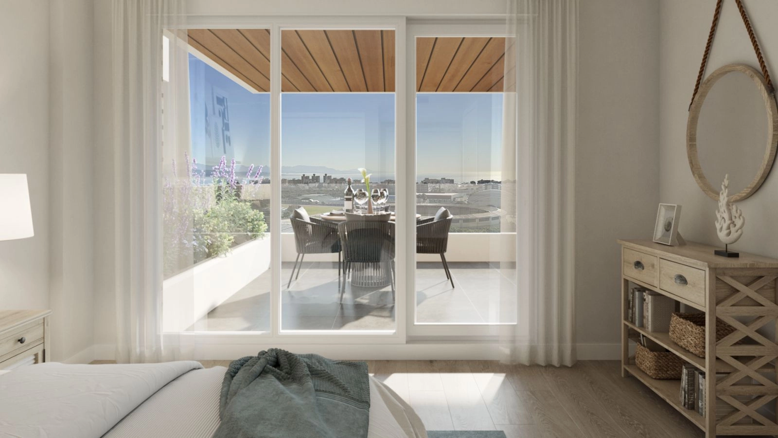 Wake up to stunning views from the master bedroom, where large windows frame the beautiful landscape.