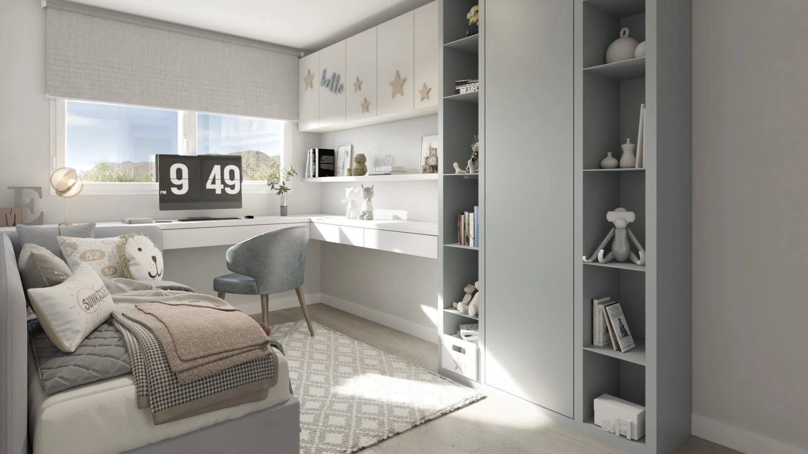 A comfortable and well-lit children's bedroom, thoughtfully designed to be a peaceful retreat.