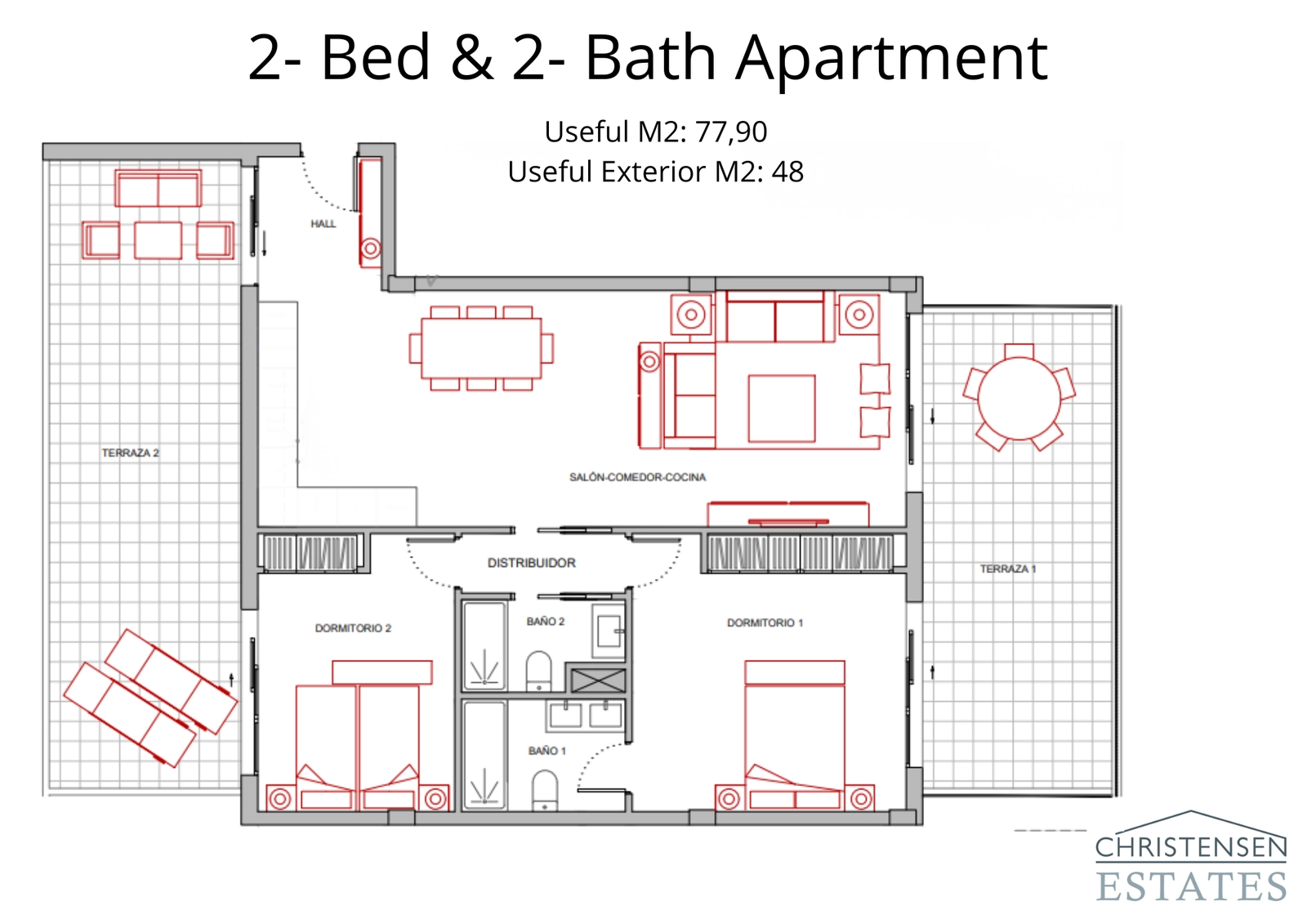 This two-bedroom floor plan features an open living area and two spacious terraces, perfect for seamless indoor-outdoor living.