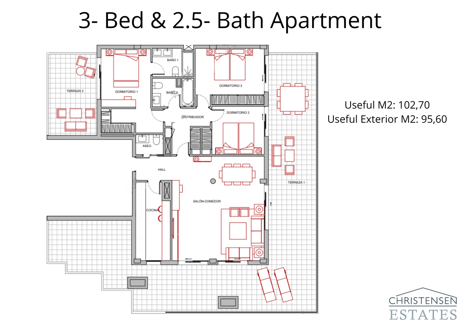 A generous three-bedroom layout with extensive terrace space, offering privacy and ample room for family life and entertaining.