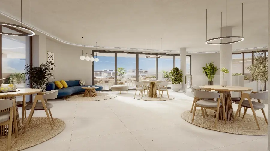 A modern co-working space for residents to work, meet, or relax in a professional setting.