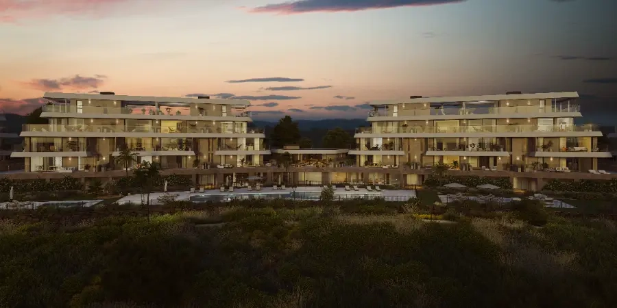 The development presents a stunning silhouette against the evening sky on the Costa del Sol.