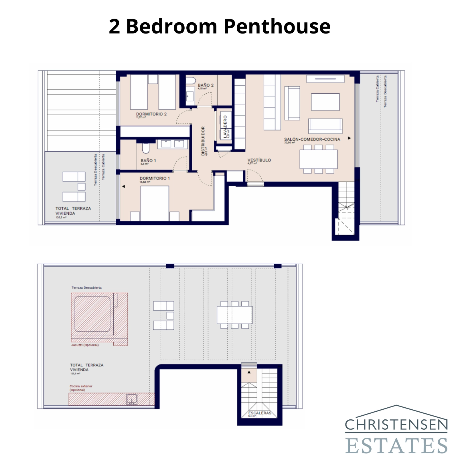 The two-bedroom penthouse layout features an expansive rooftop terrace with an optional jacuzzi.