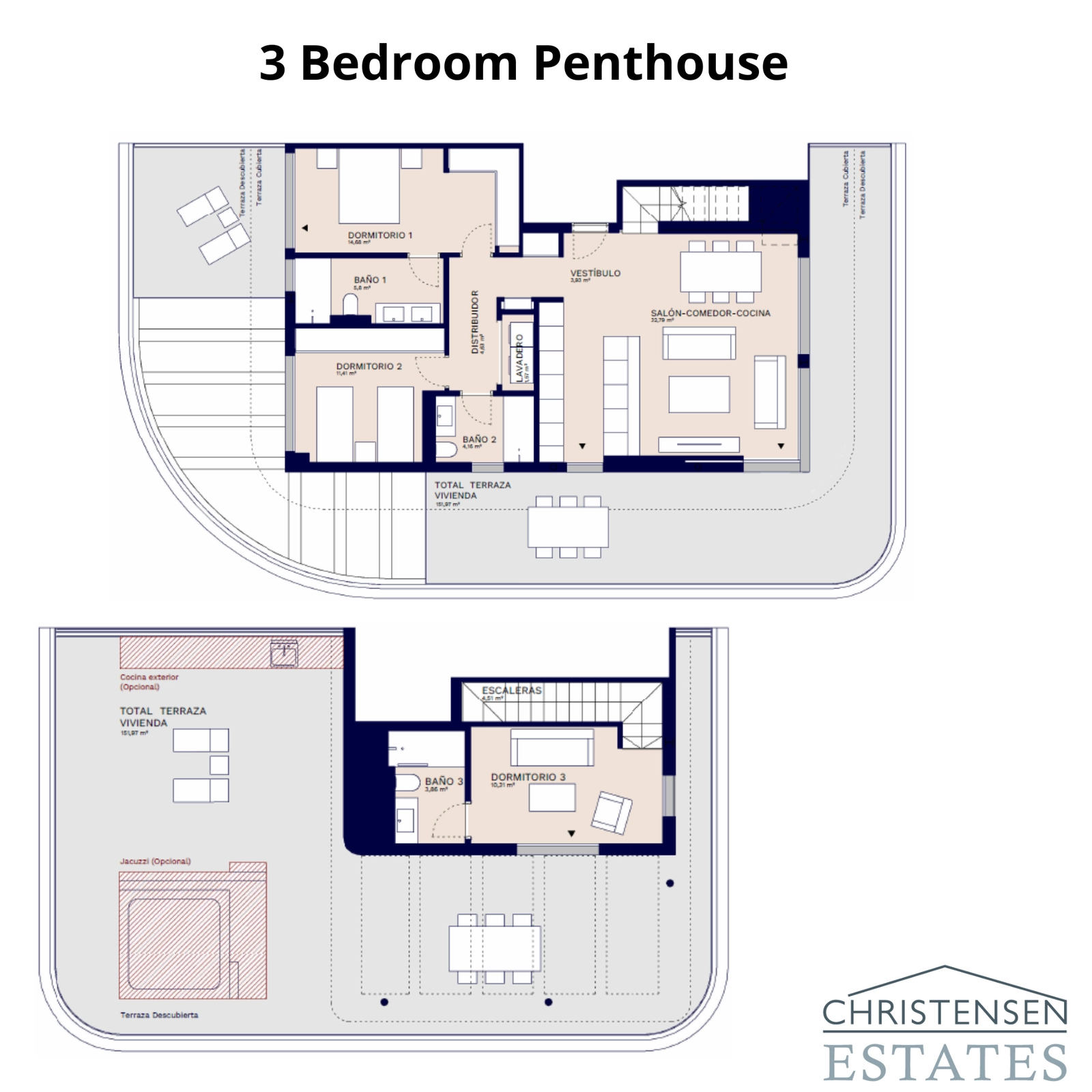Layout for a three-bedroom penthouse, offering multiple terraces and generous living spaces across two levels.