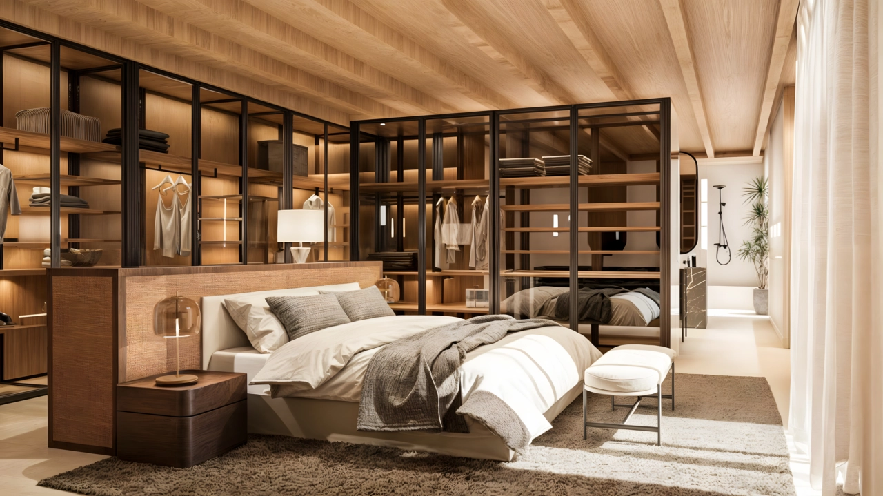 The master bedroom offers a peaceful retreat with natural wood and a sophisticated design.
