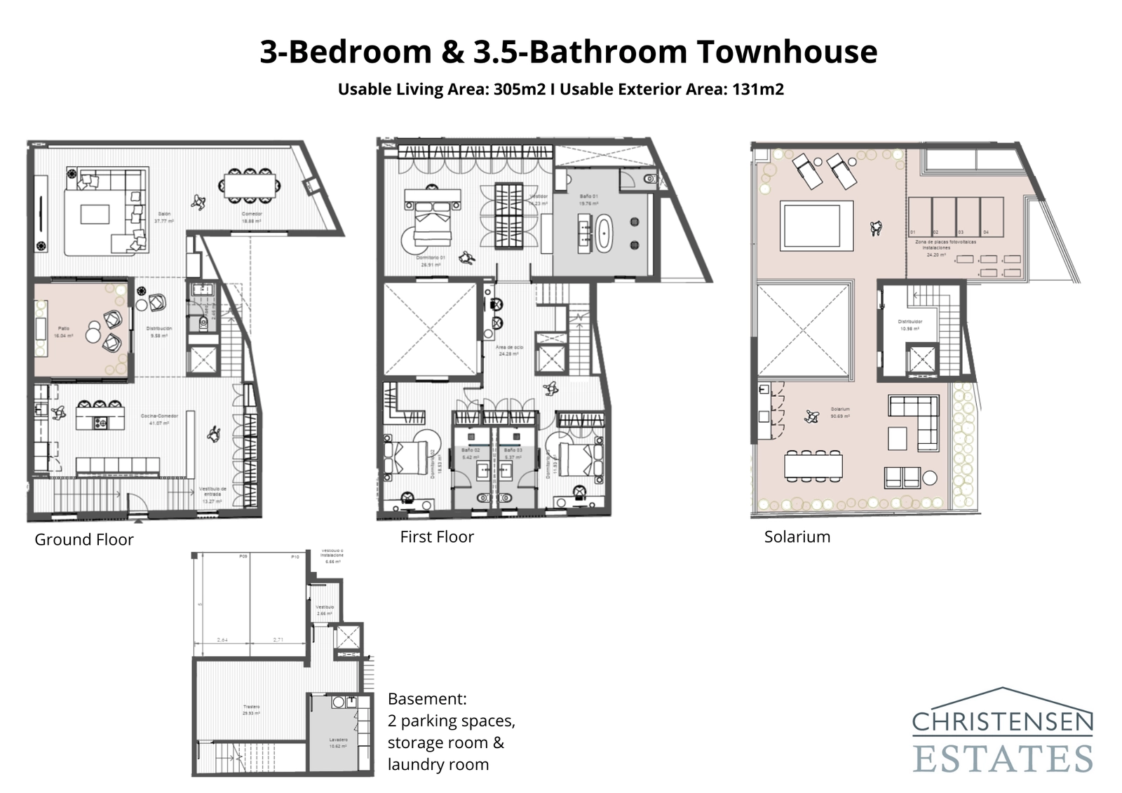 This 3-bedroom townhouse layout offers spacious living over four floors, including a large basement and a stunning rooftop solarium.