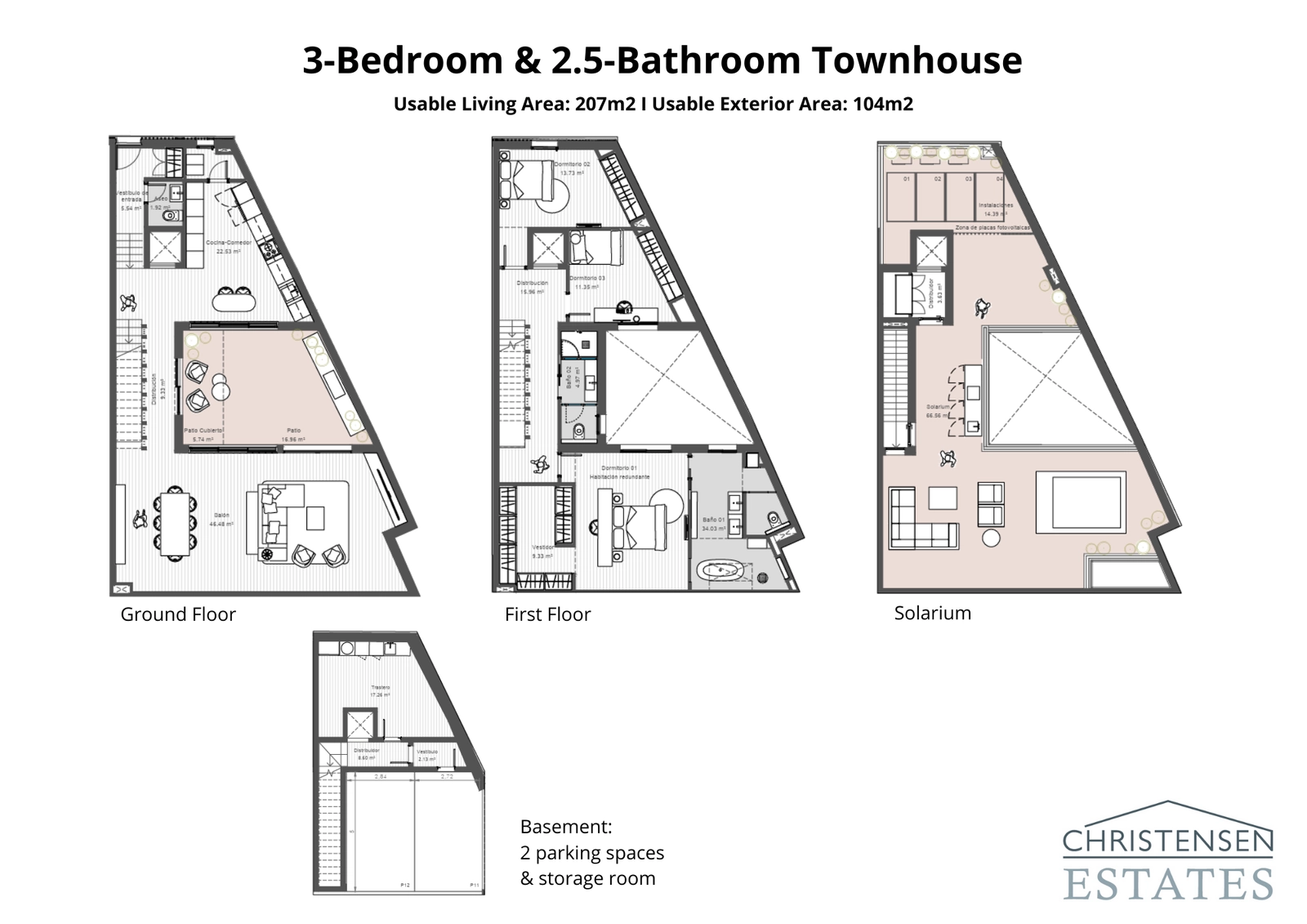 An alternative 3-bedroom layout showcasing the intelligent distribution of space and the seamless connection to the private patio and terraces.