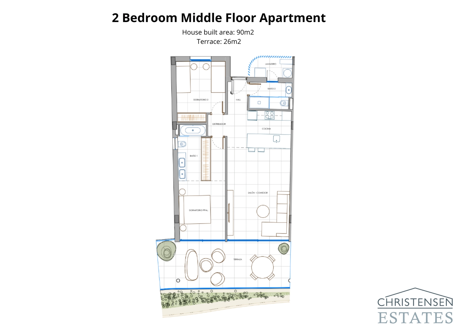 An efficient and spacious 2-bedroom design featuring a generous terrace to maximize natural light and outdoor living.