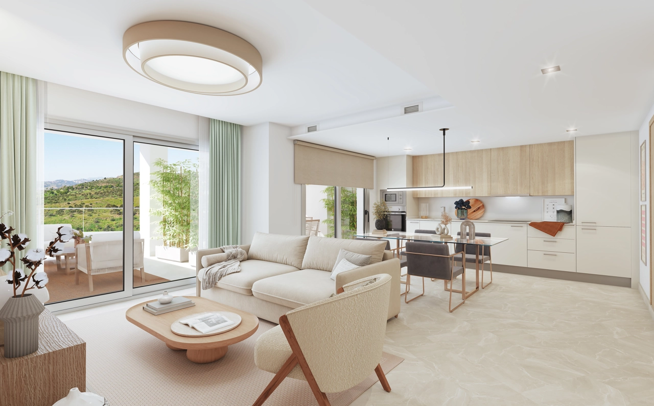 The bright and spacious open-plan living area, seamlessly connecting to the terrace for perfect indoor-outdoor living.