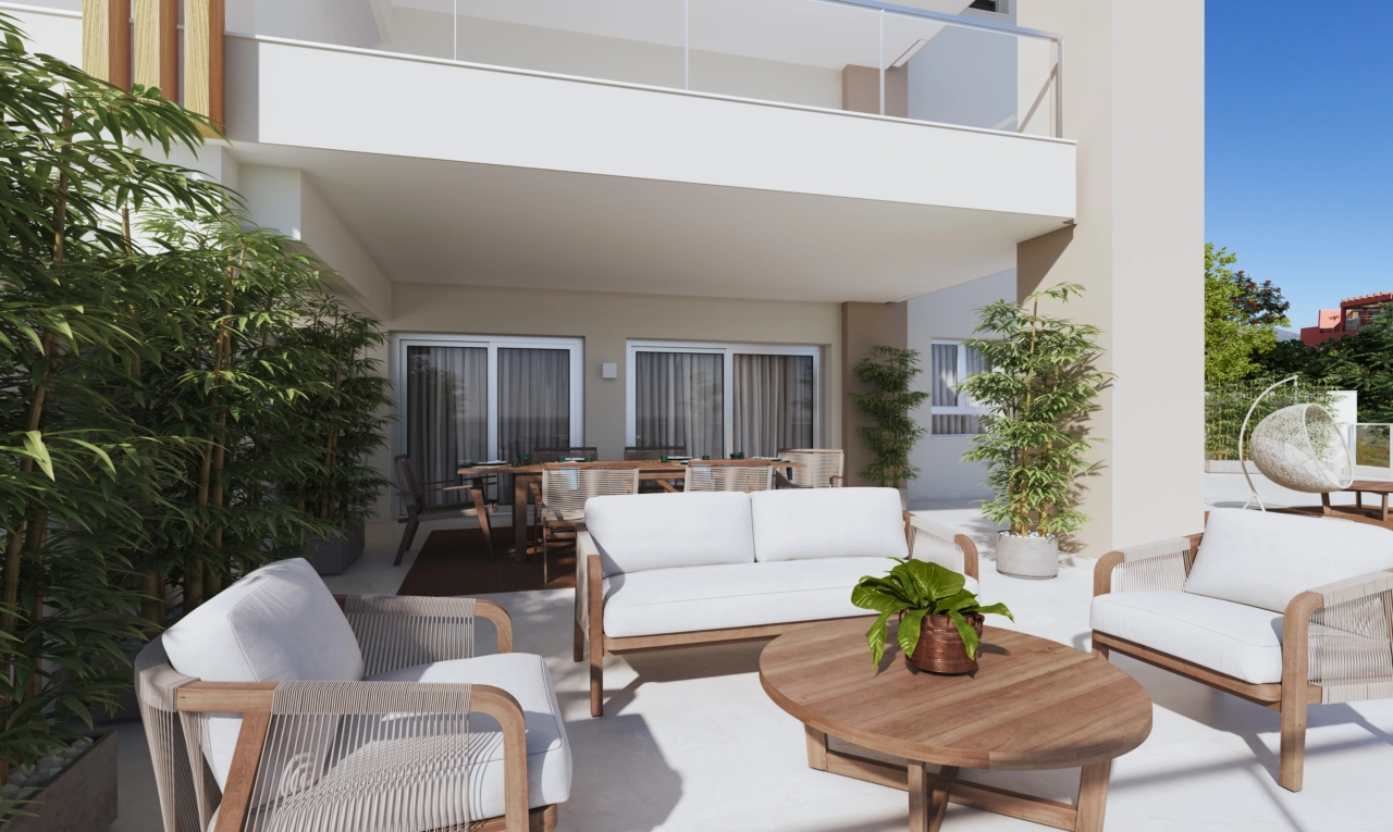 A generous ground-floor terrace, offering a private space to relax, dine, and enjoy the pleasant Costa del Sol climate.