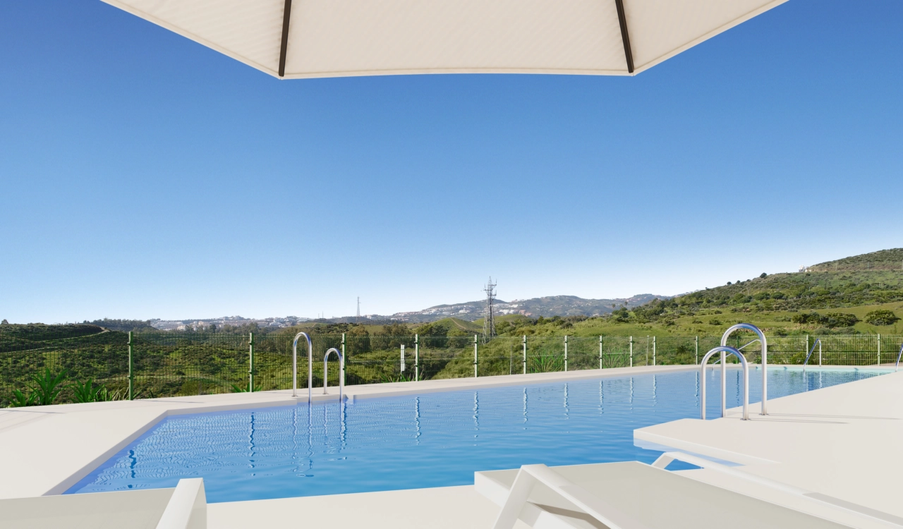 The inviting communal swimming pool, perfect for cooling off while enjoying views of the surrounding landscape.