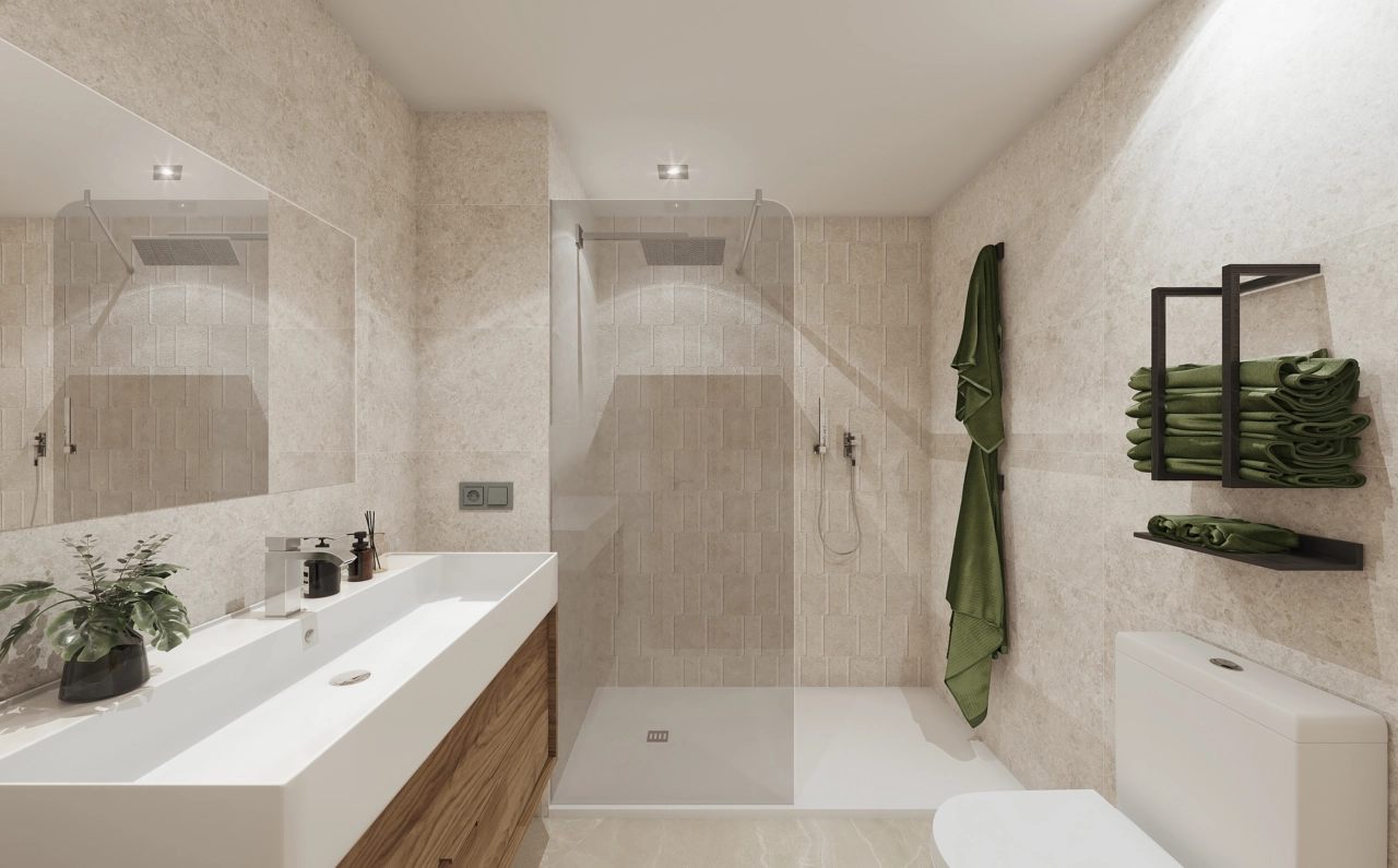 A stylishly appointed bathroom featuring modern fixtures, quality materials, and a clean, elegant aesthetic.