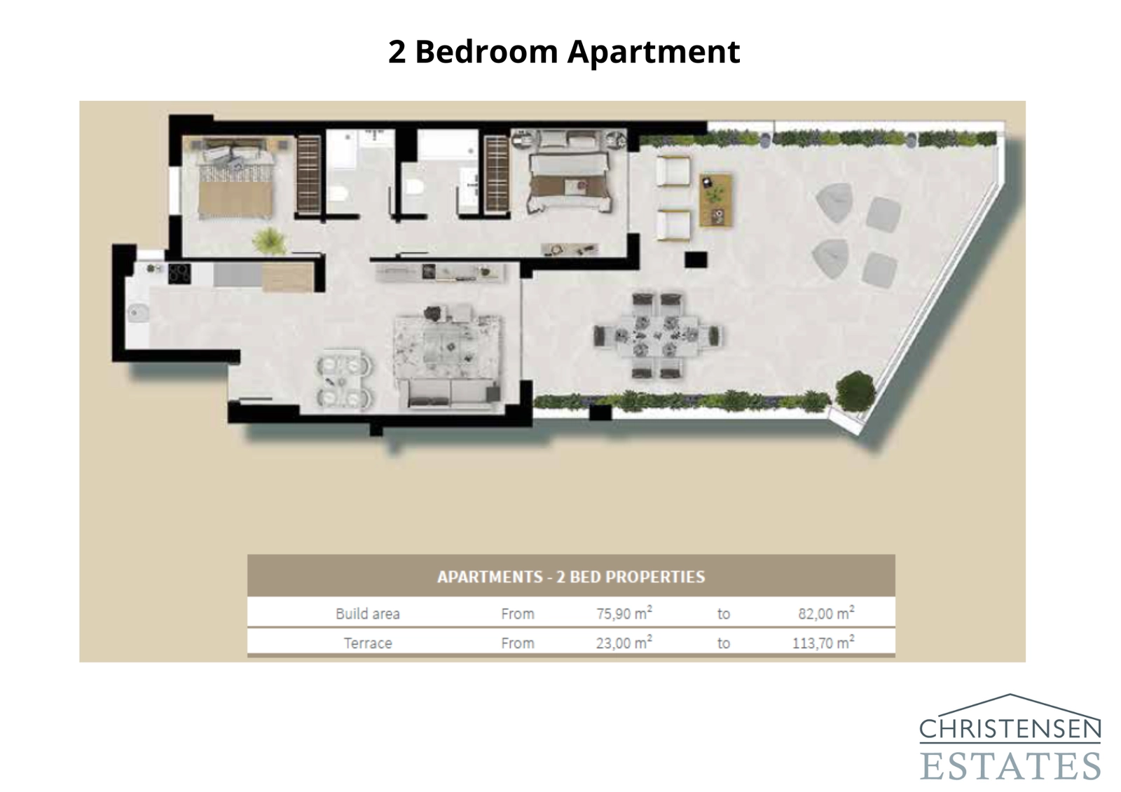 Two-Bedroom Apartment: This layout features a smart design that maximises space and light, connecting the living area to a large terrace.