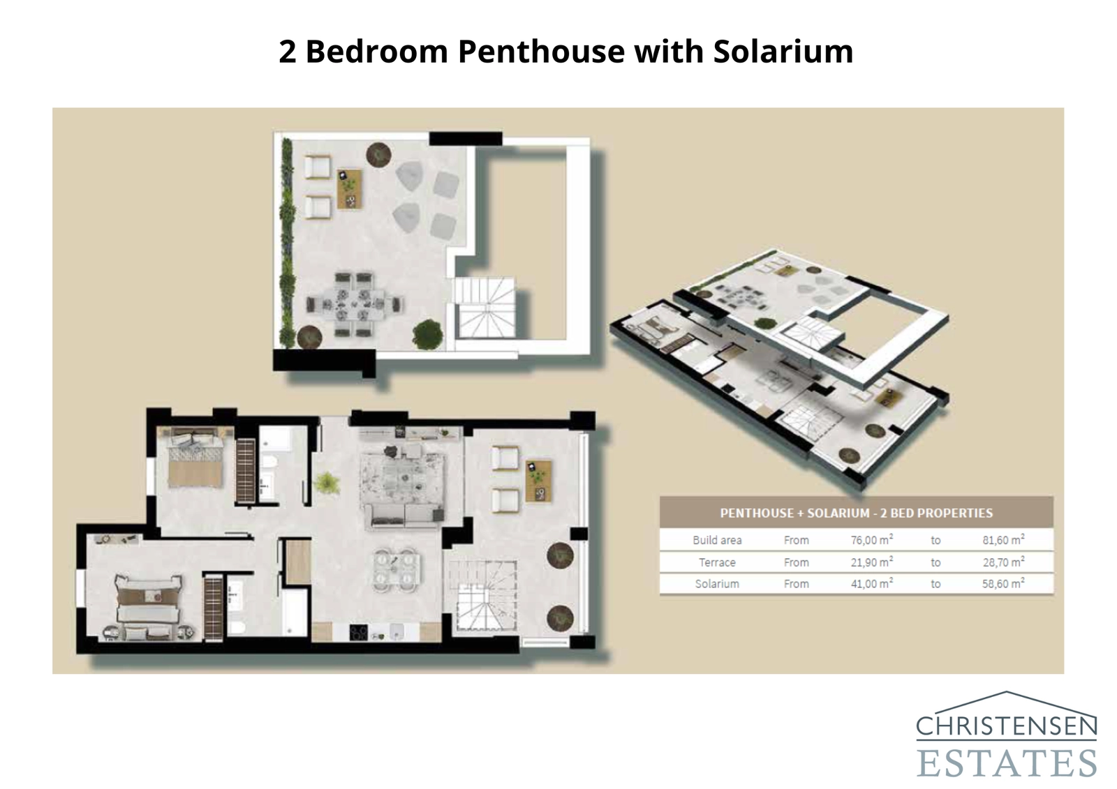 Two-Bedroom Penthouse with Solarium: An expansive two-level design offering a private rooftop solarium for ultimate relaxation and entertaining.