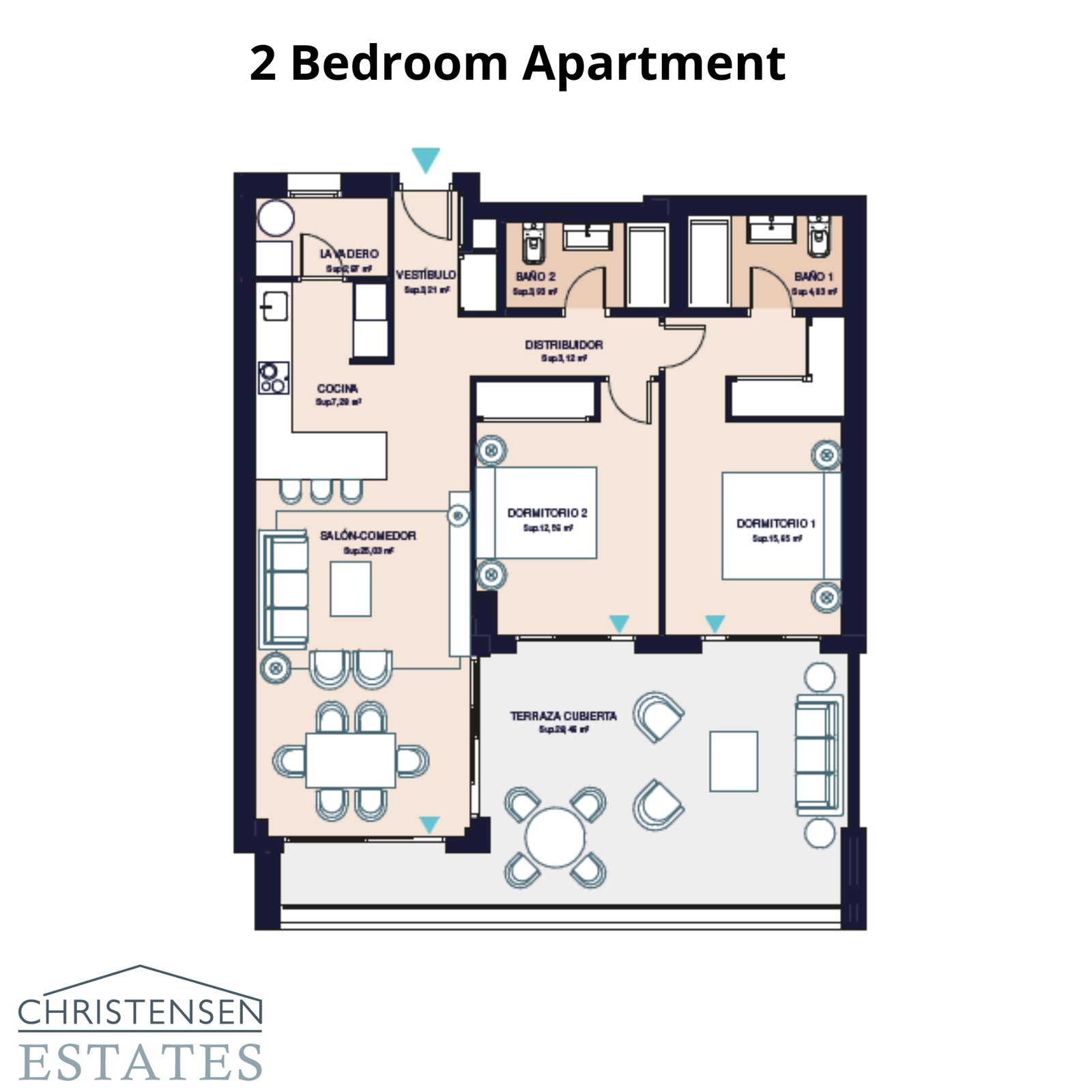 This two-bedroom layout features a smart design with an open living area, two bathrooms, and a large covered terrace for enjoying the climate.