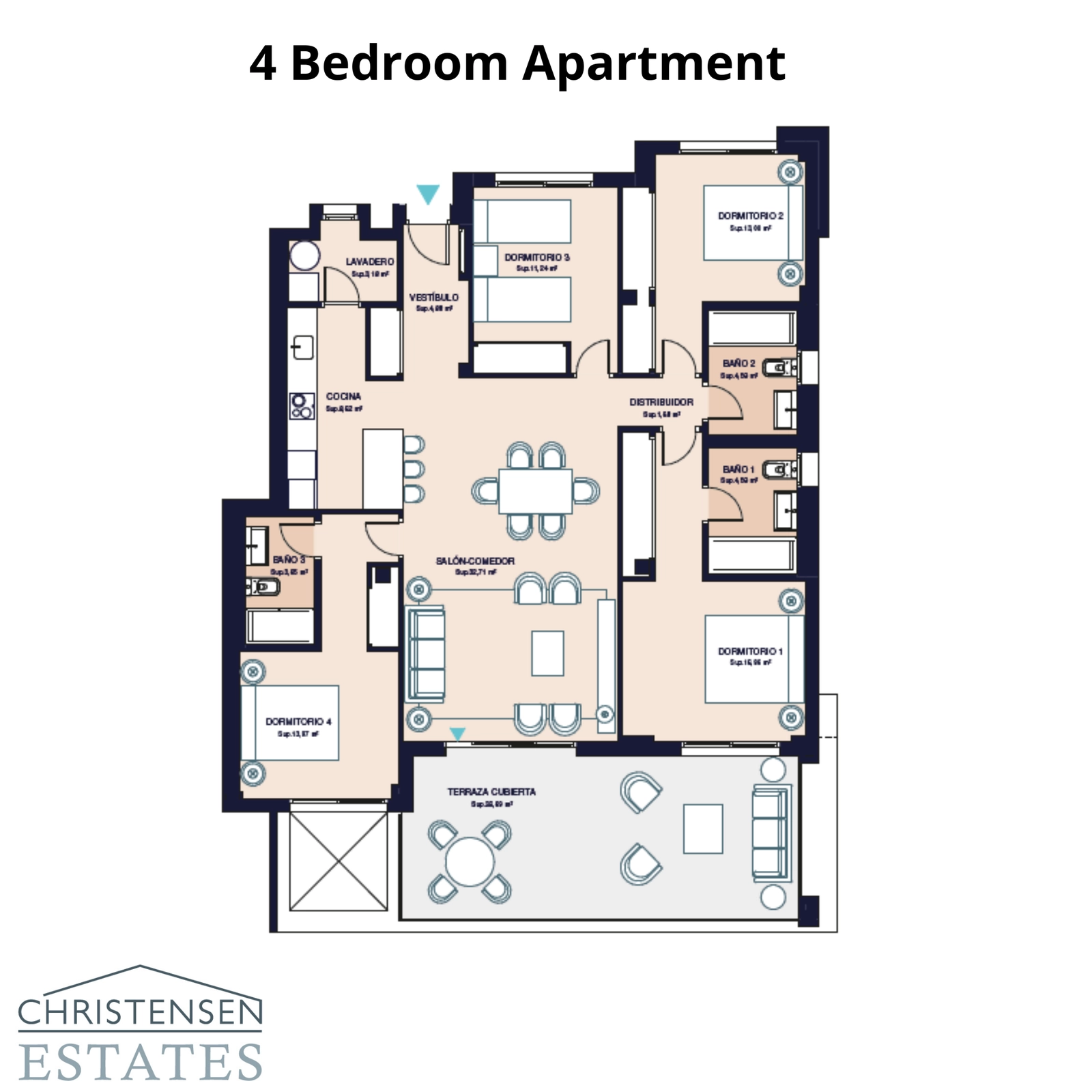 The four-bedroom apartment offers ample space for family and guests, with a functional layout that separates living and sleeping areas for privacy and comfort.