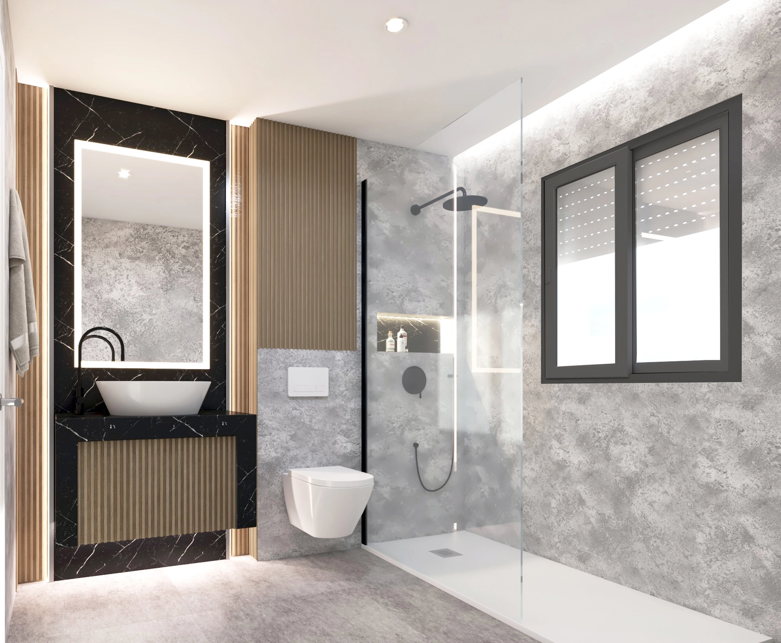 Stylish guest bathrooms feature modern fixtures and high-quality porcelain stoneware finishes.