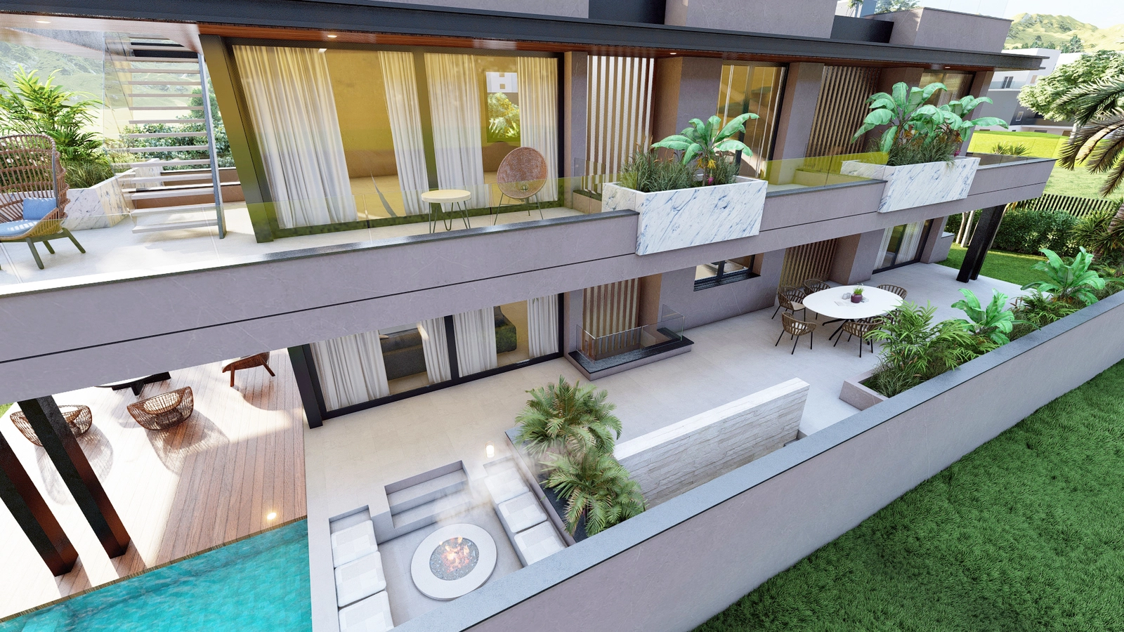 Multiple terraces on different levels provide versatile outdoor spaces for any occasion, from quiet mornings to lively gatherings.