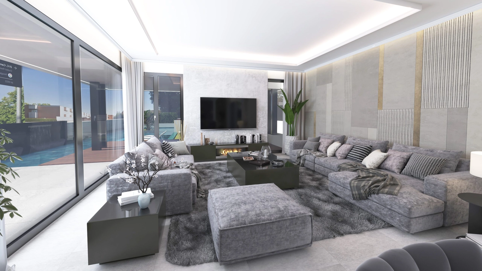 A spacious and light-filled living area, designed for comfort and elegance, opens seamlessly to the outdoors.