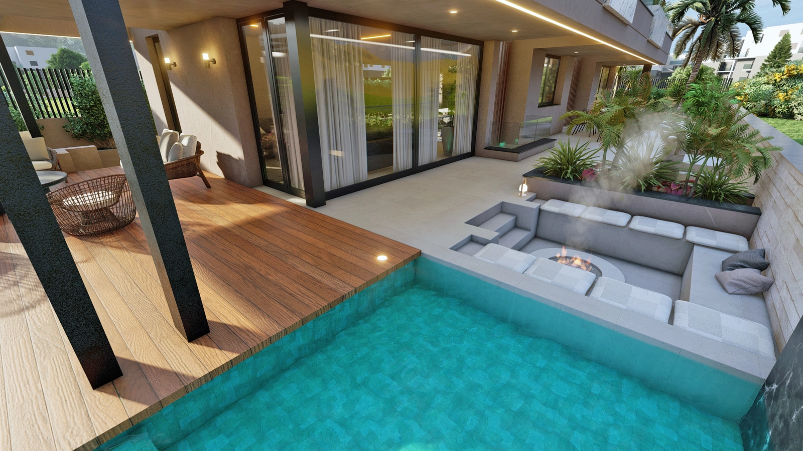 An inviting sunken lounge with a fire pit, perfect for gathering with friends and family on cool evenings.