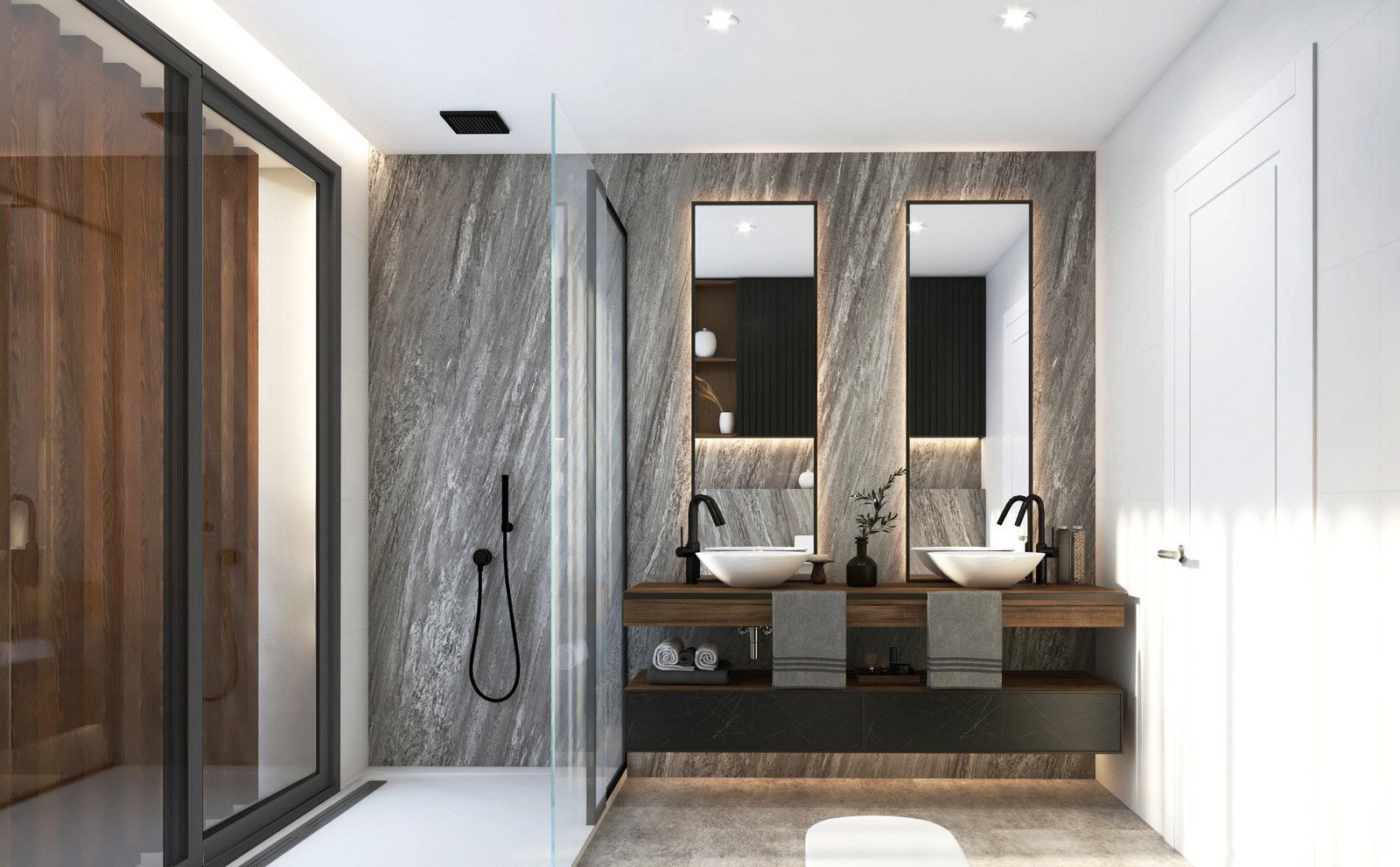An elegant main bathroom with a double vanity, combining modern design with luxurious materials.