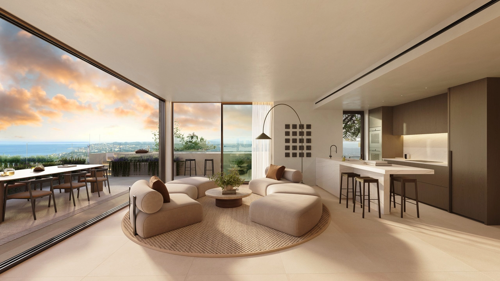 An open-plan living area that flows seamlessly onto the terrace, designed for modern comfort and style.