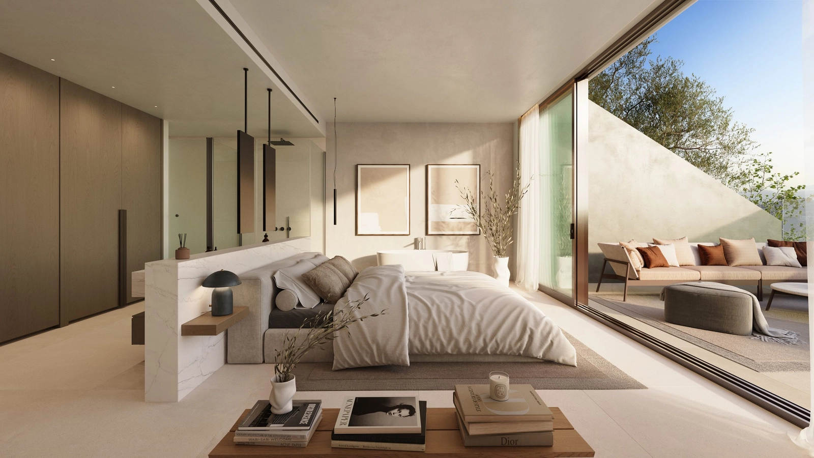 The main bedroom is a sanctuary of peace, with an open-plan bathroom and direct access to a private terrace.