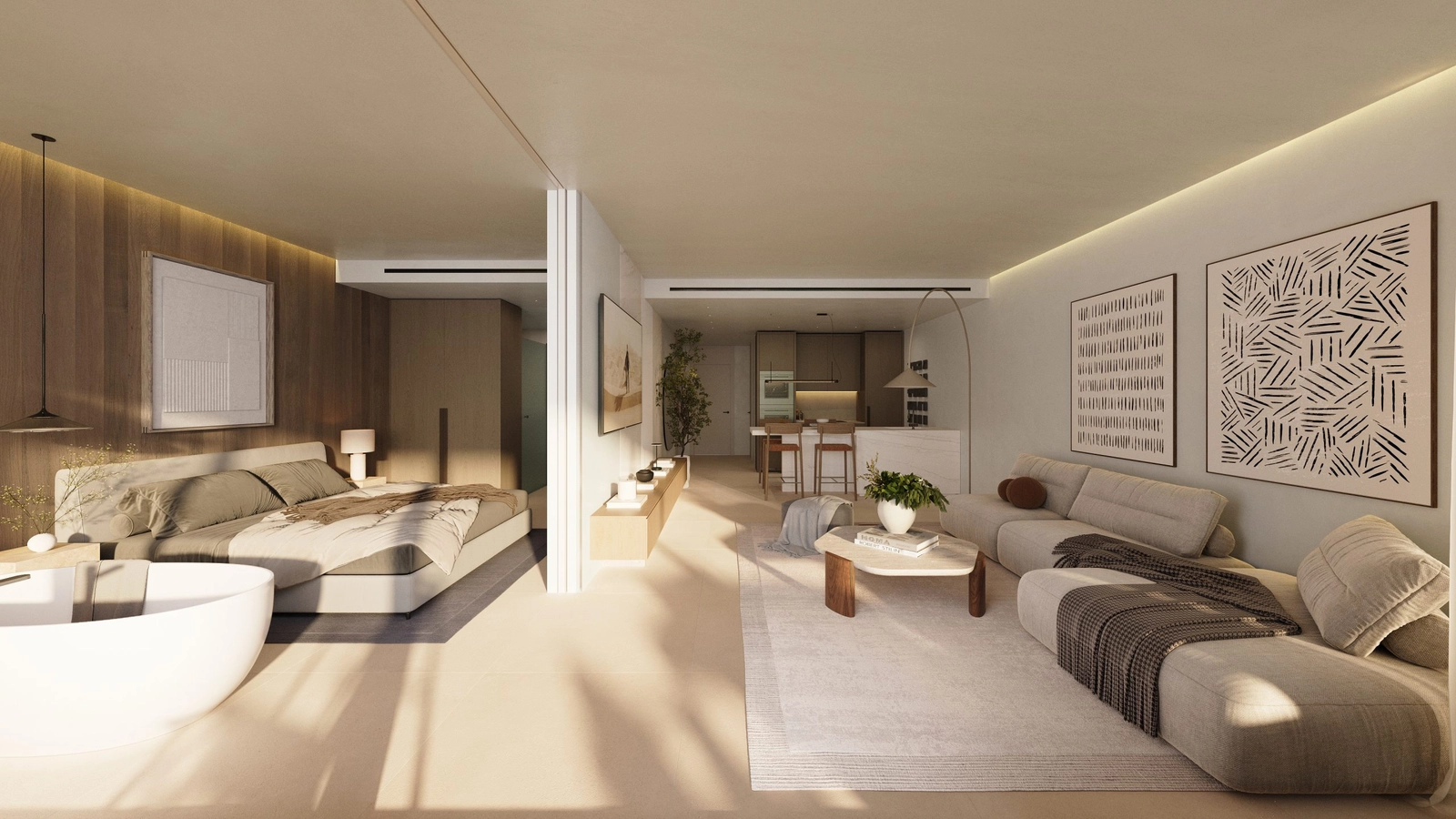Versatile interior design in a two-bedroom apartment, combining the bedroom and living areas with sophisticated style.
