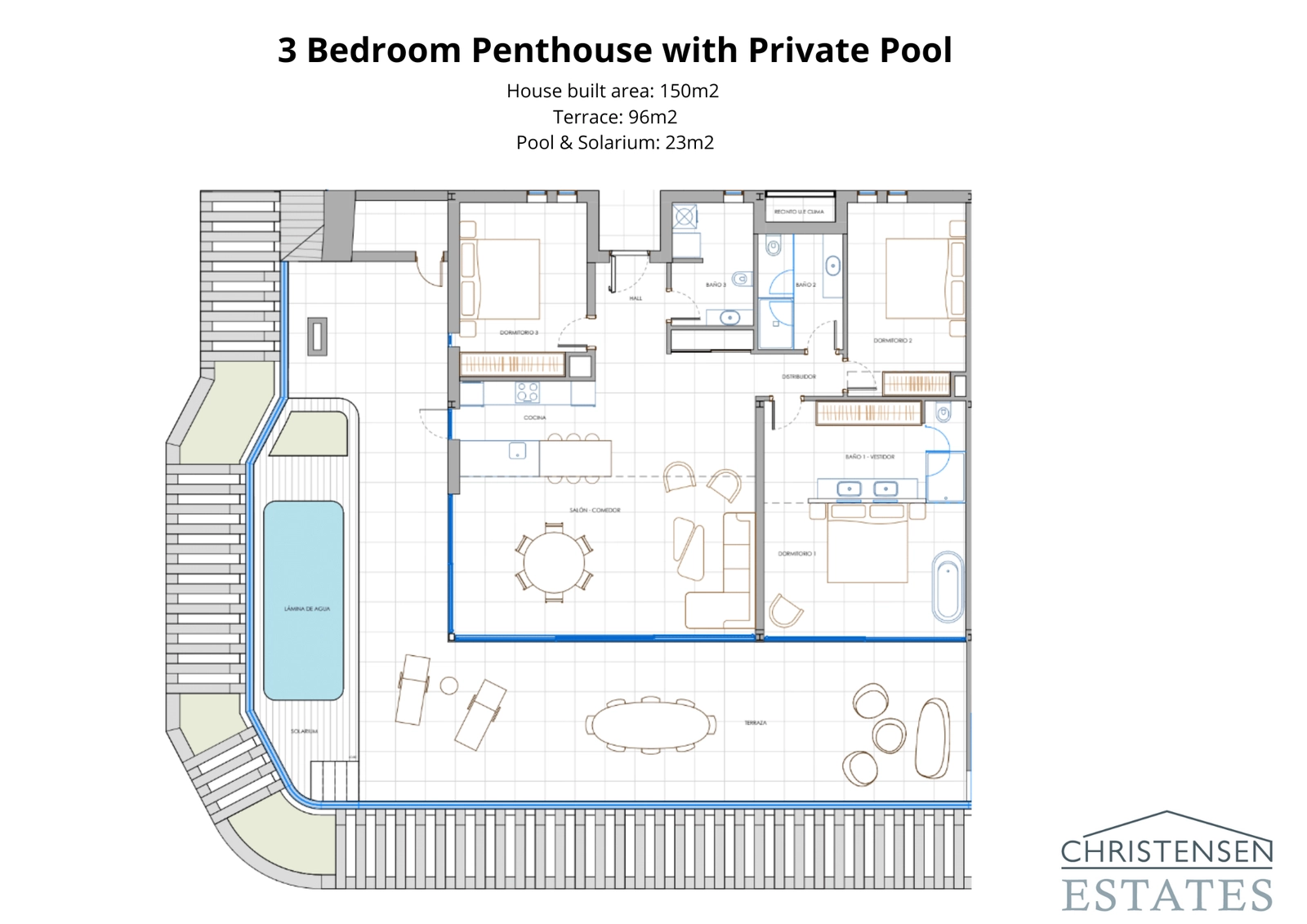 Three-bedroom penthouse floor plan showcasing the expansive terrace, private pool, and intelligent interior distribution for a life of luxury.