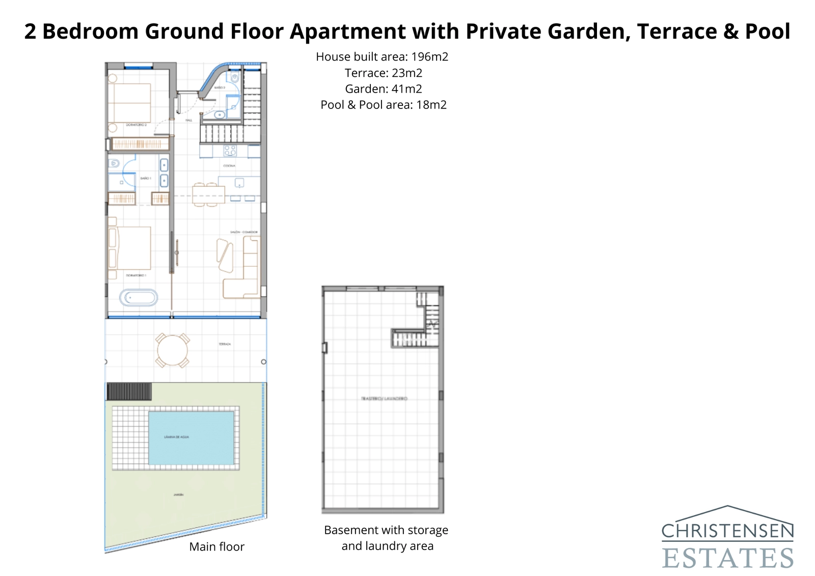 Plan of a two-bedroom ground floor residence, complete with a large private garden, pool, and a basement with storage.
