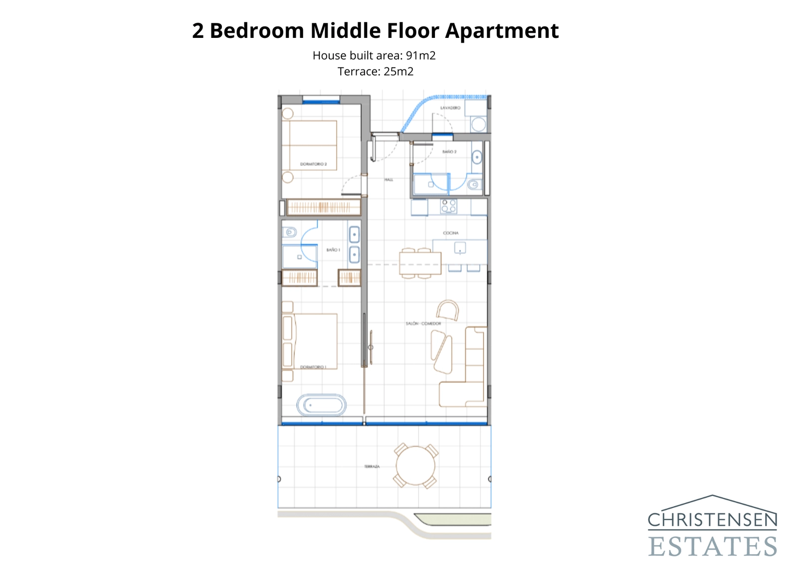 Floor plan for a two-bedroom middle floor apartment, featuring a functional layout and a spacious terrace with excellent views.
