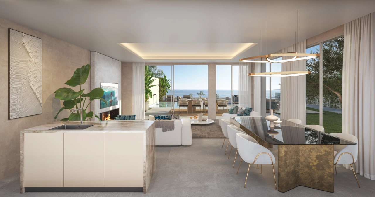 An open-plan living area that seamlessly connects to the outdoors and the sea.