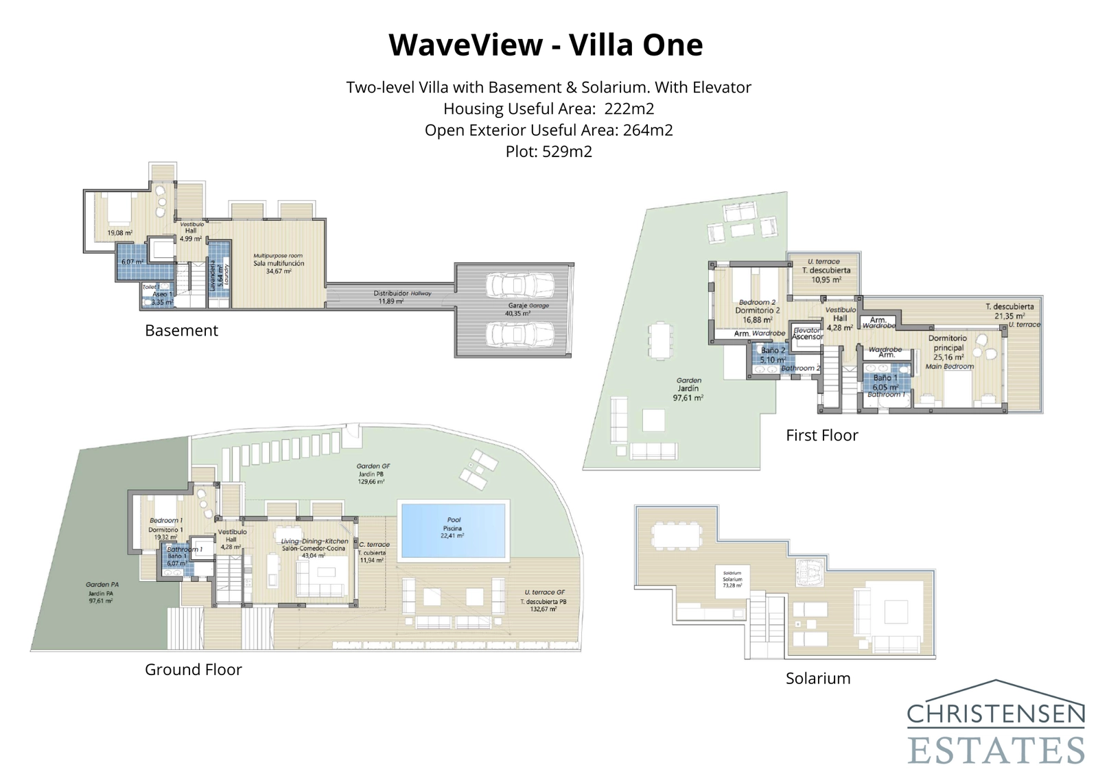 Villa One Layout: A spacious three-level design with three bedrooms, generous terraces, a private pool, and a versatile basement.