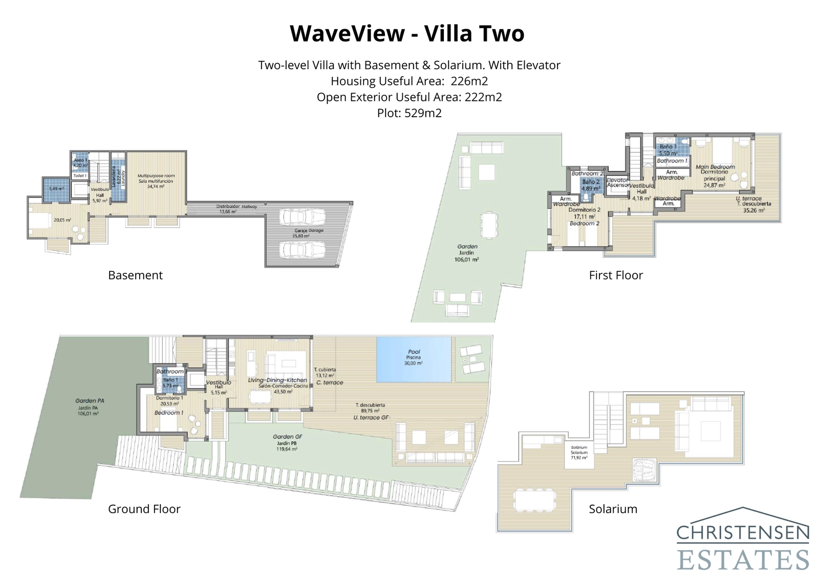 Villa Two Layout: This floor plan features three bedrooms and expansive living areas flowing onto the pool terrace, designed for an indoor-outdoor lifestyle.