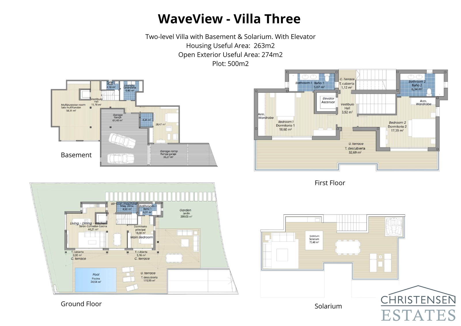 Villa Three Layout: Discover a thoughtful three-bedroom design with an emphasis on privacy, sea views, and functional spaces including a large basement.