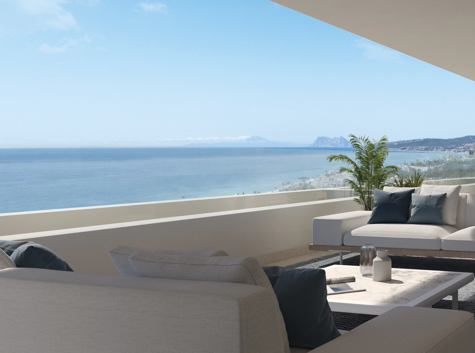 Spacious terraces offer breathtaking panoramic views of the Mediterranean coastline.