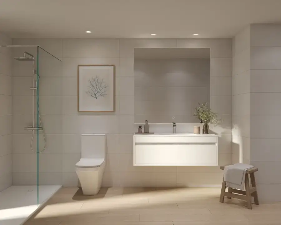 The secondary bathroom offers the same high standard of design and quality materials.