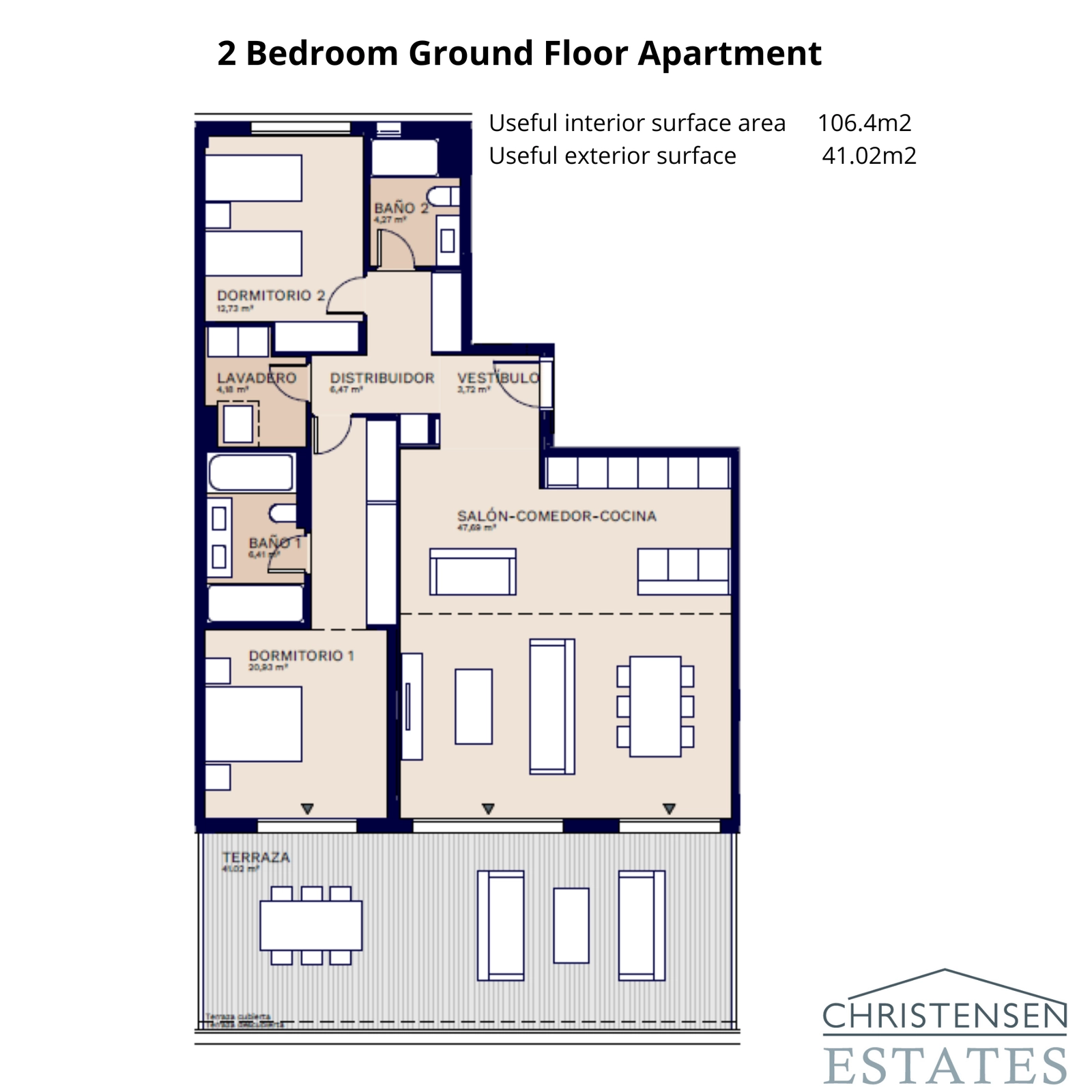 This well-designed two-bedroom ground floor apartment features a generous terrace for outdoor living.