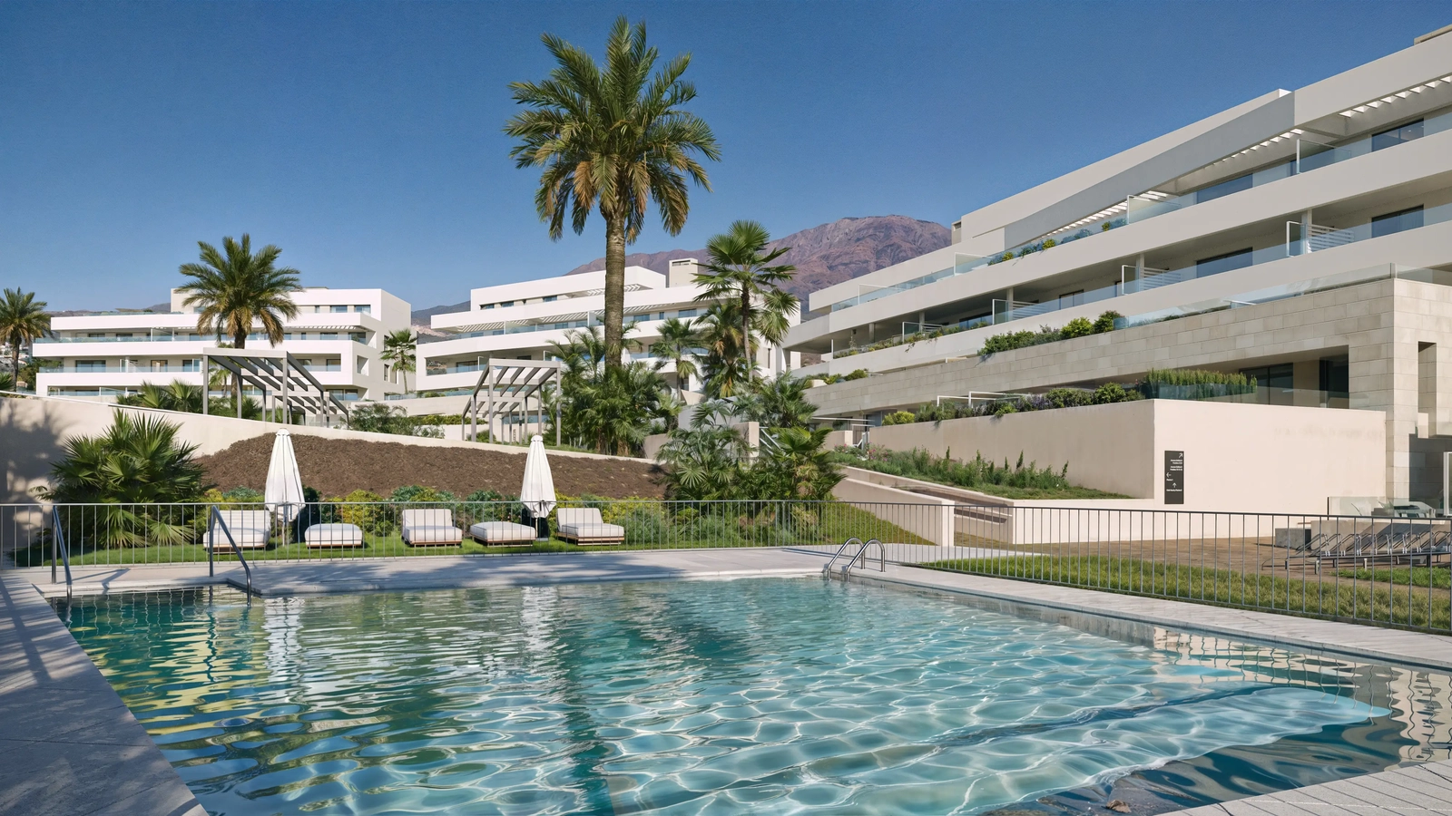 Relax by one of the communal swimming pools, surrounded by beautifully landscaped Mediterranean gardens.