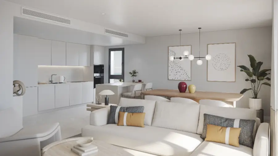 The open-plan design connects the modern kitchen and living room, creating a perfect space for relaxing and entertaining.
