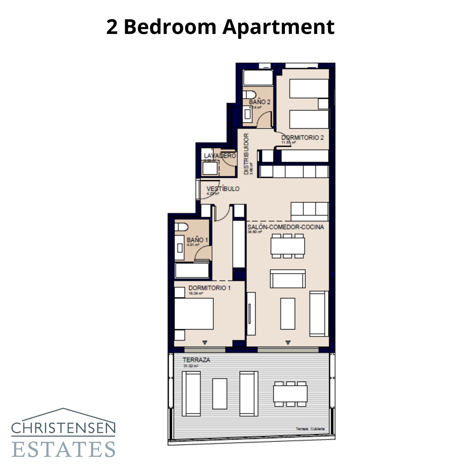This two-bedroom layout shows a practical and spacious design, with an open living area that extends onto a large terrace.
