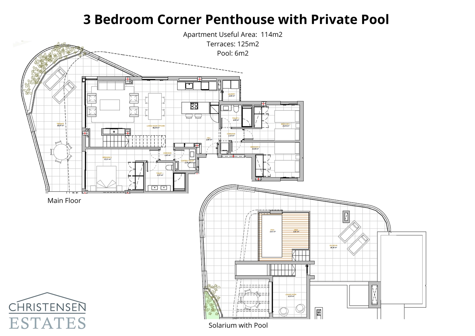 Explore the expansive three-bedroom corner penthouse, featuring generous living spaces and a stunning solarium with a private pool for ultimate luxury and privacy.