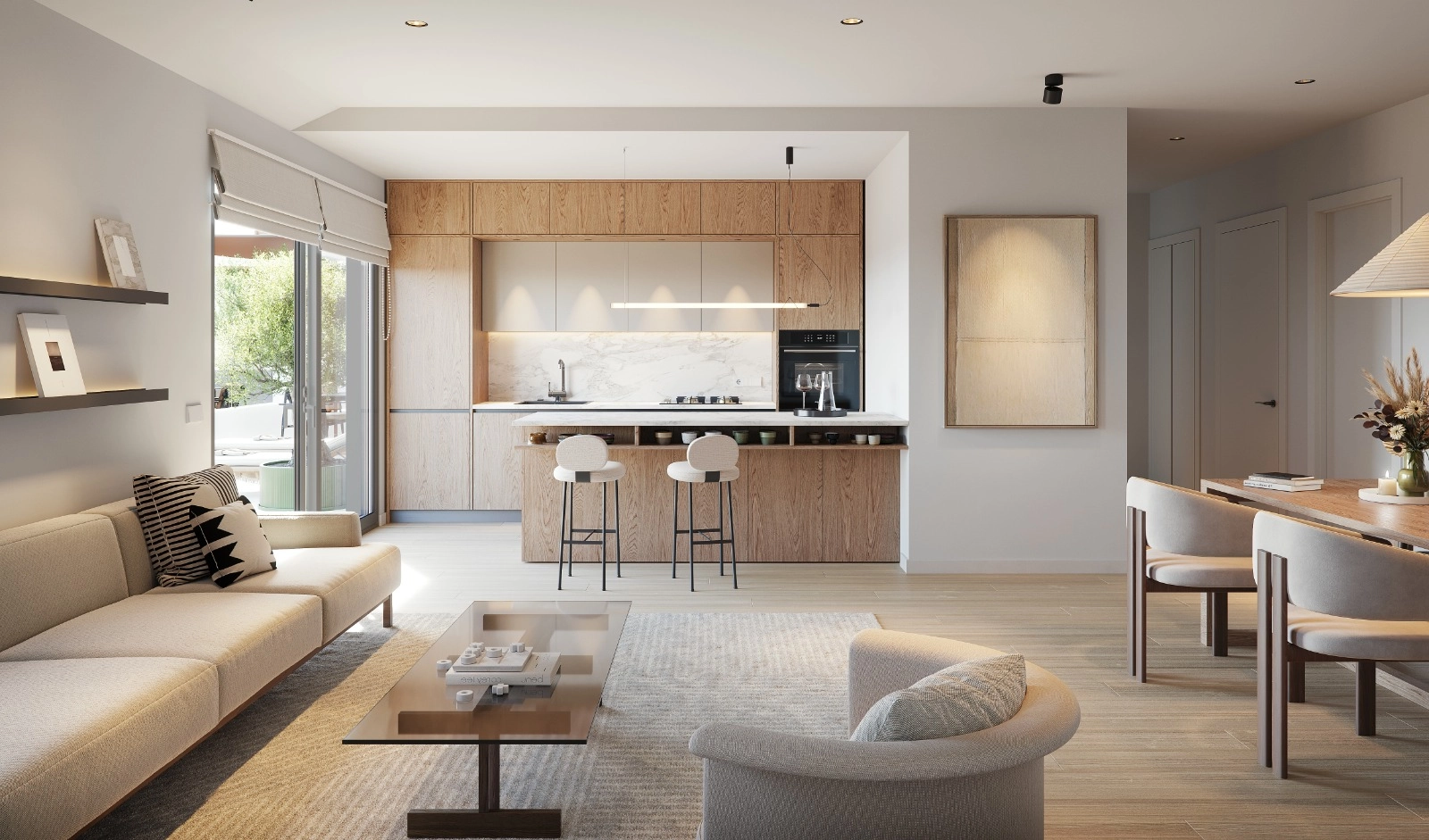 La cocina de planta abierta y el salón crean un flujo continuo para una vida moderna y el entretenimiento.