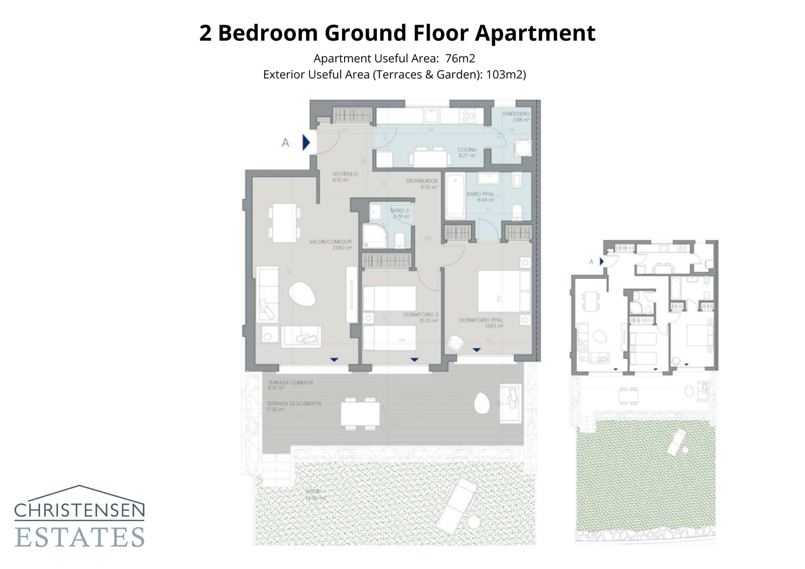 La distribución de este apartamento en planta baja de dos dormitorios cuenta con un amplio jardín y terraza, ampliando el espacio habitable al exterior.