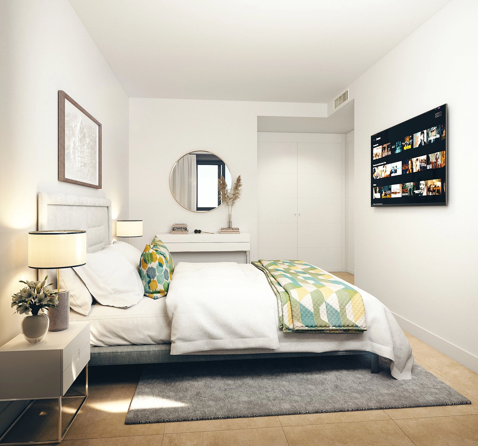 Un dormitorio principal tranquilo, diseñado para el confort y la relajación, con amplio espacio y luz natural.