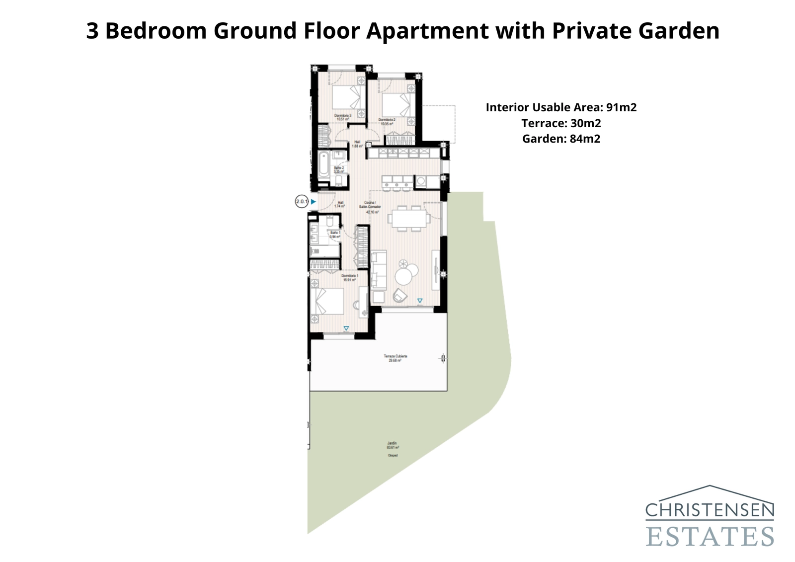 Esta distribución de apartamento en planta baja de tres dormitorios muestra una conexión perfecta entre el espacioso interior y un gran jardín privado, perfecto para la vida familiar.